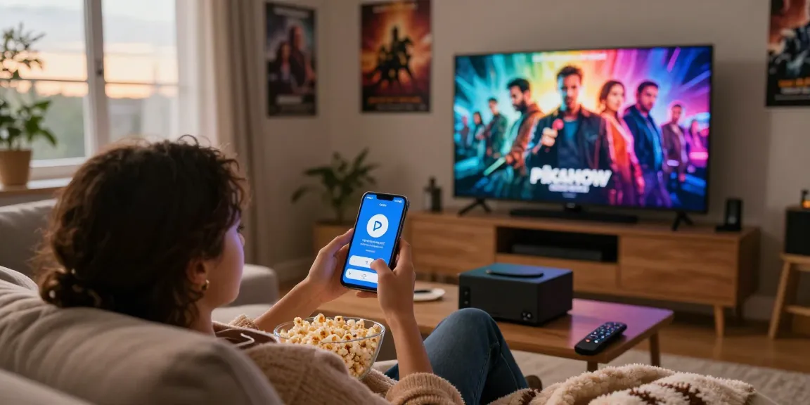 Pikashow APK download scene showing a cozy living room with a person streaming movies on a smartphone, popcorn, and a large screen.