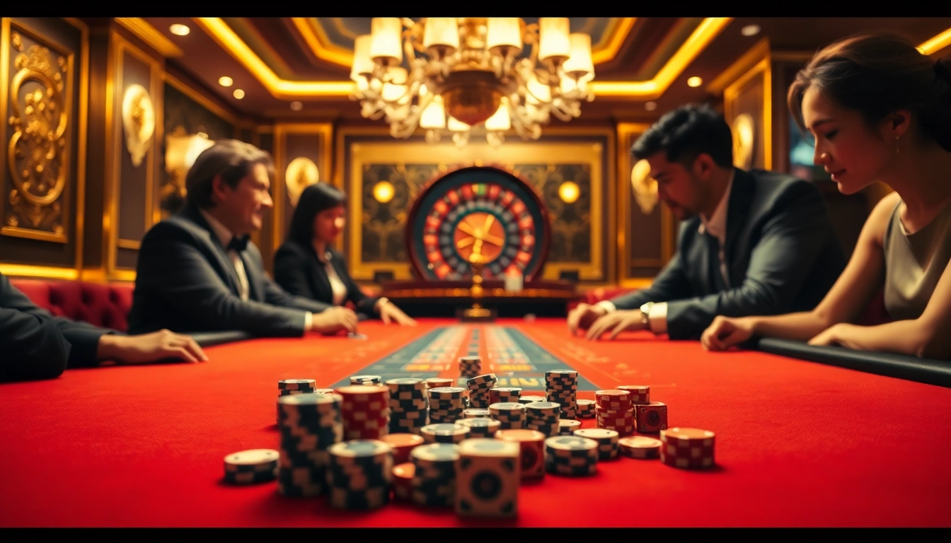 Excited players enjoying go88 tài xỉu at a luxurious casino table filled with chips and dice.