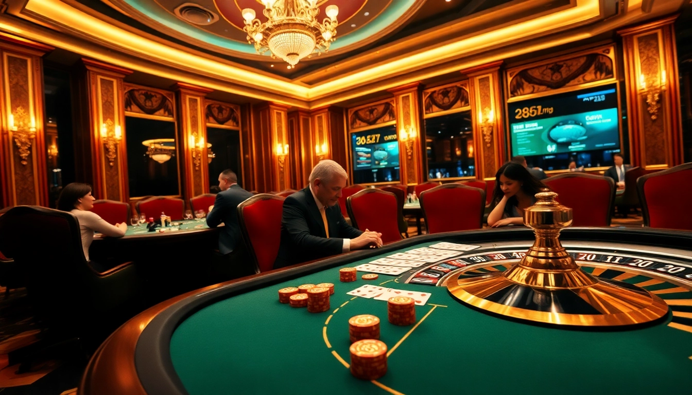 Players experiencing the thrill of 888b gambling at an upscale poker table with chips and cards.
