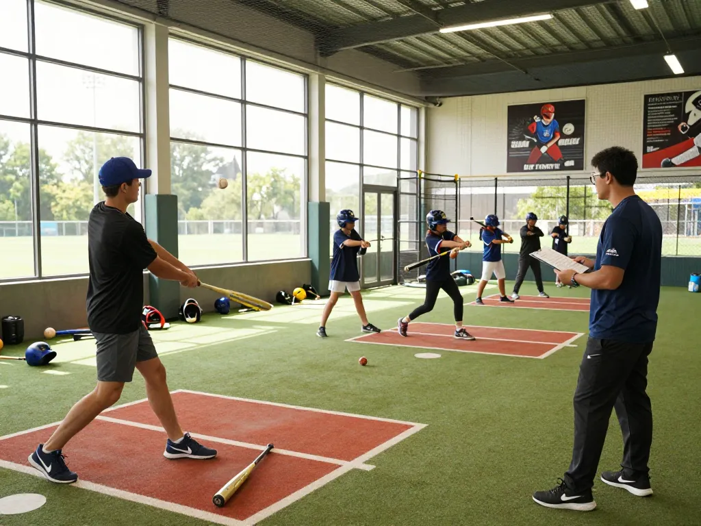 Hitclub baseball training scene with players practicing hitting techniques indoors, showcasing athleticism and teamwork.
