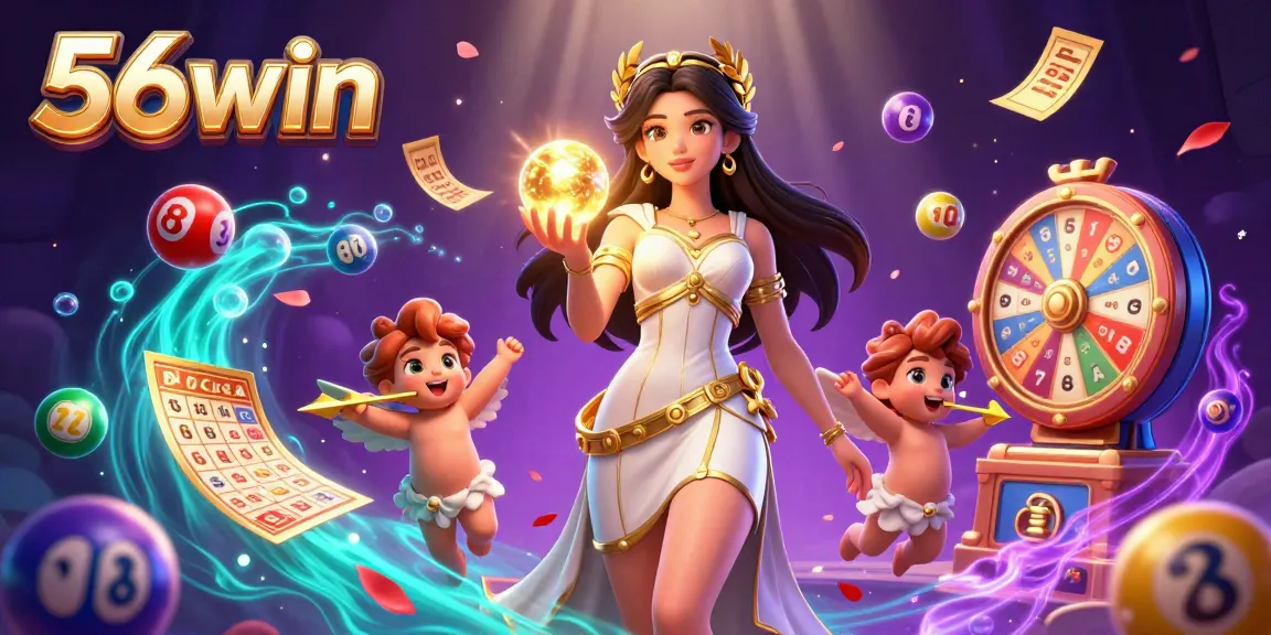 Experience 56win's vibrant gaming universe with a goddess of luck and winning elements.