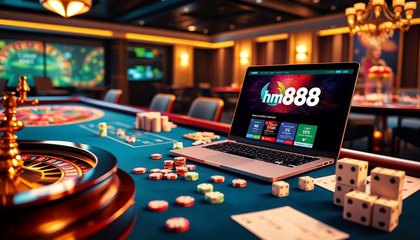 Exciting gaming scene showing hm88 with colorful chips and a roulette wheel.