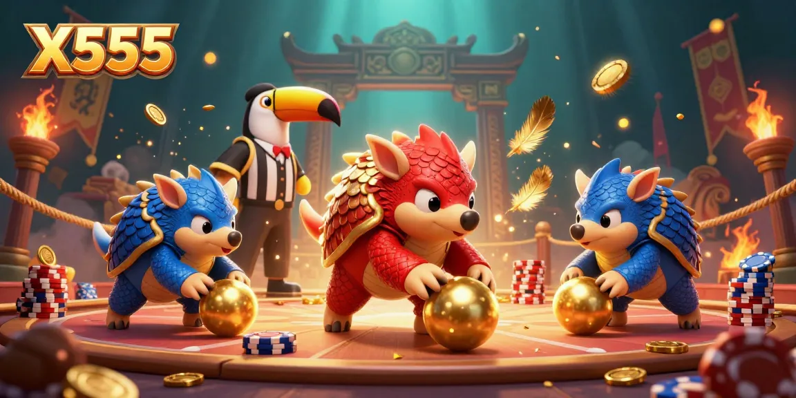 X555 pangolins compete in a dynamic casino scene, surrounded by poker chips and golden tokens.