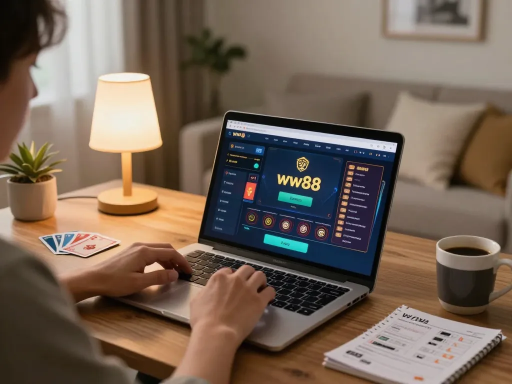 Engaging online gambling experience on ww88 platform with a cozy home setup and betting interface.