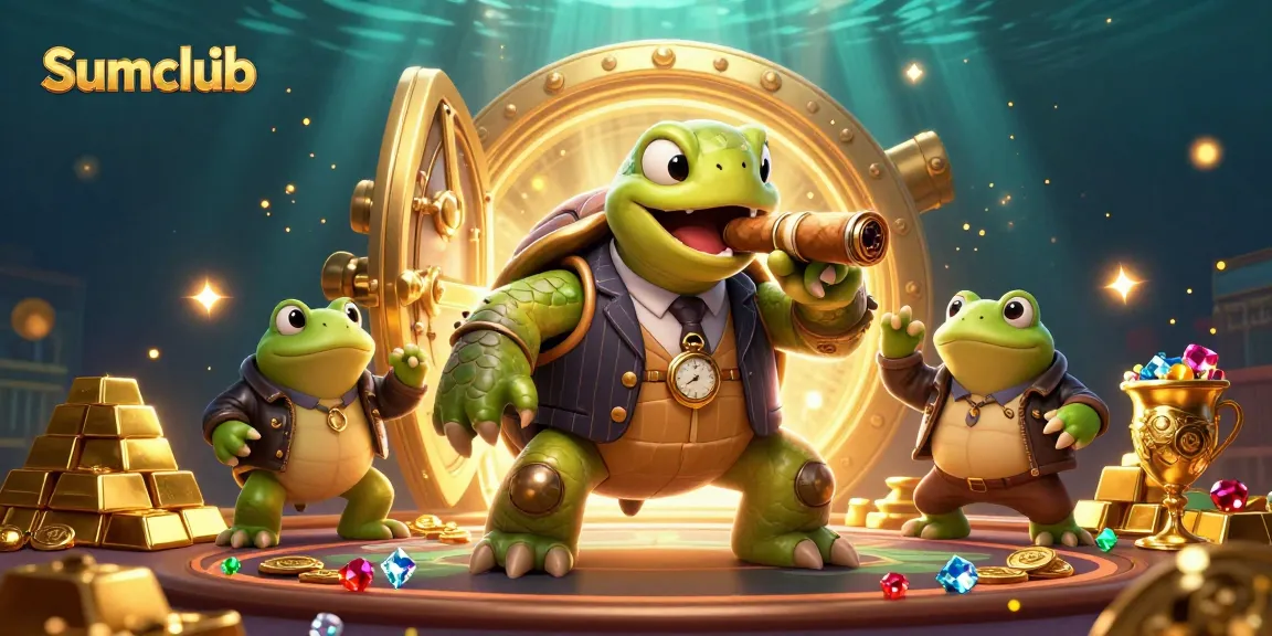 Experience thrilling games at Sumclub with vibrant characters and dazzling treasures in a lively casino scene.