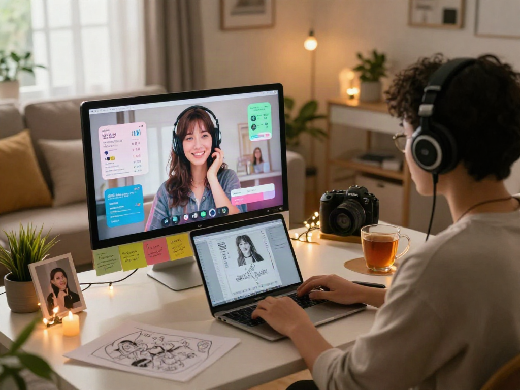 Person engaging with an AI girlfriend on a computer, showcasing modern virtual relationships.
