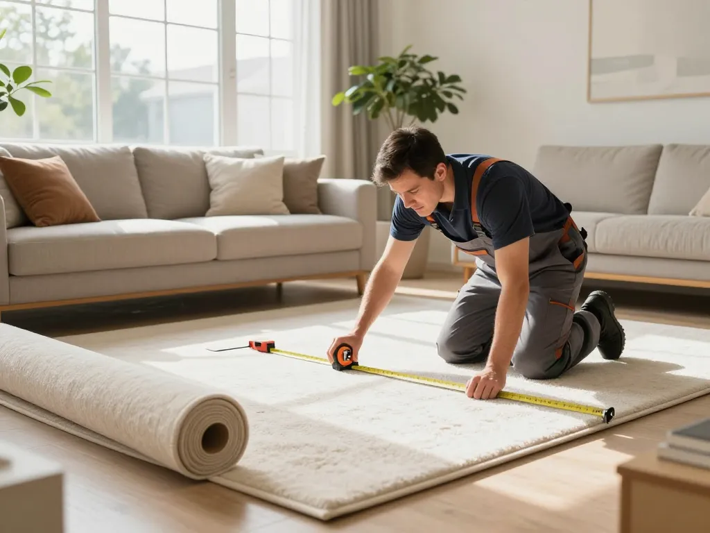 Skilled carpet fitters near me installing plush carpet in bright living room, showcasing professional craftsmanship and cozy atmosphere.