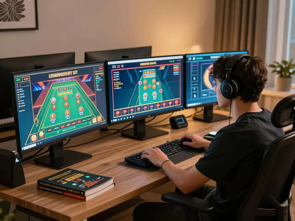 Engaging player utilizing SC88 platform for strategic online gambling in a modern workspace