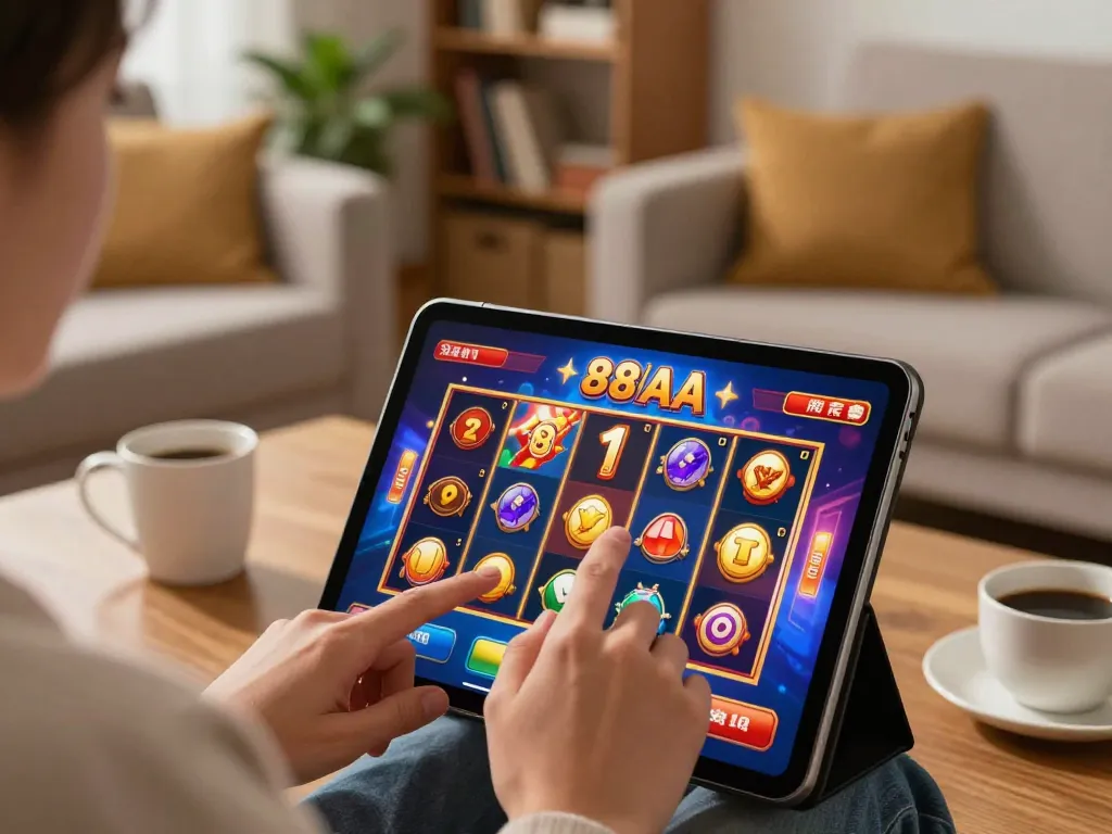 Engaging online gaming experience with link 88aa displayed on a tablet during cozy home gameplay.