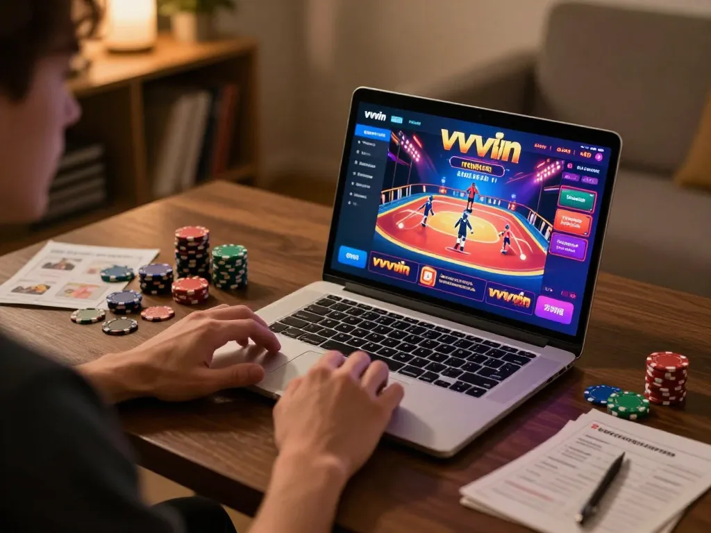 Engaged player enjoying vvvwin online casino gameplay on a laptop in a cozy home setting.