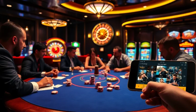 Intense poker game at a luxurious casino with https://nohu900.in.net/ branding, showcasing excitement and strategy.
