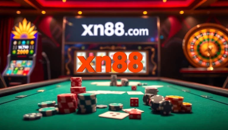 Exciting online gambling scene featuring xn88 .com with poker chips and slot machines.