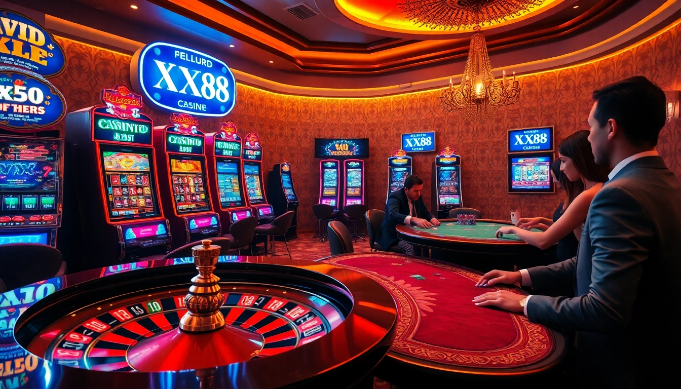 Players at a high-stakes poker table celebrating their win at XX88 casino.