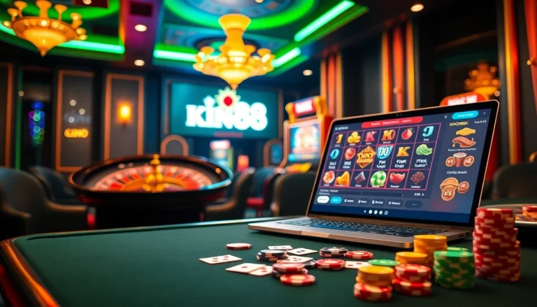 Experience the excitement of king88 with a vibrant casino scene showcasing poker chips and casino games.