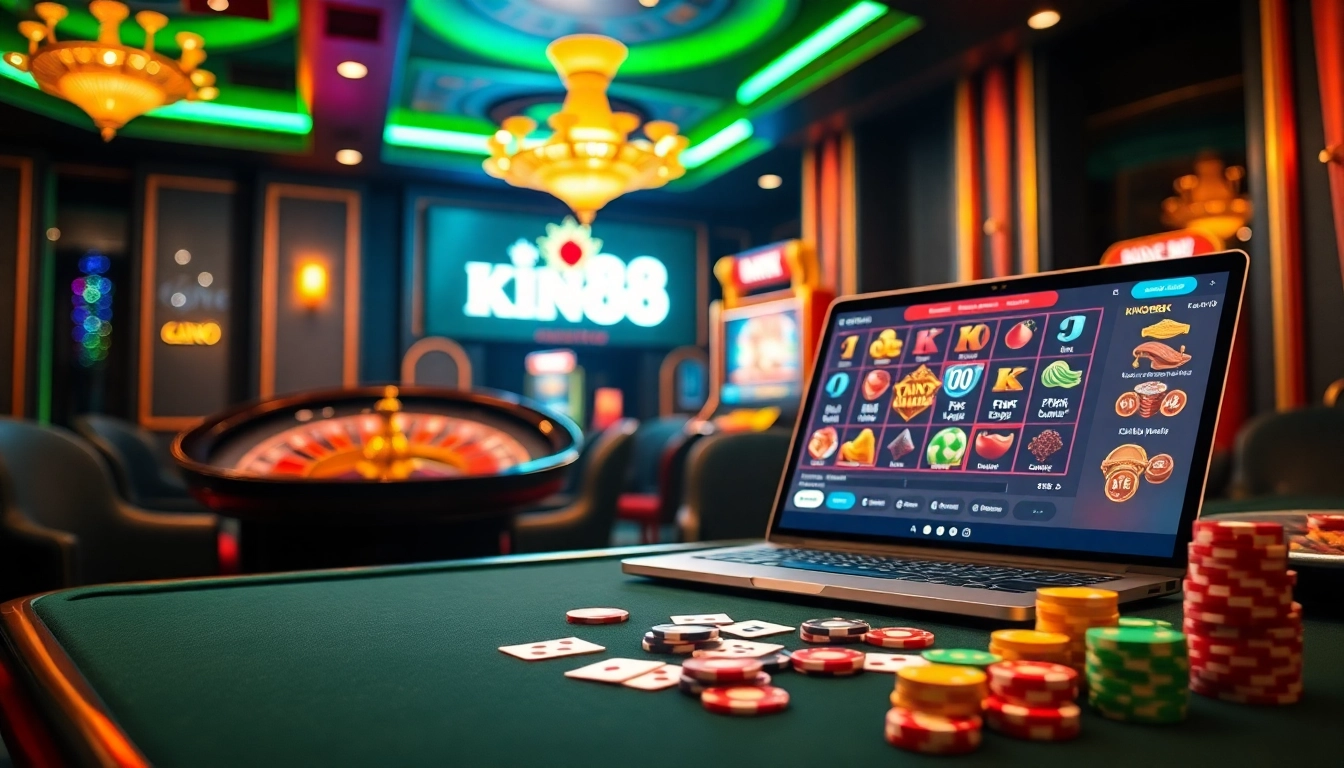 Experience the excitement of king88 with a vibrant casino scene showcasing poker chips and casino games.