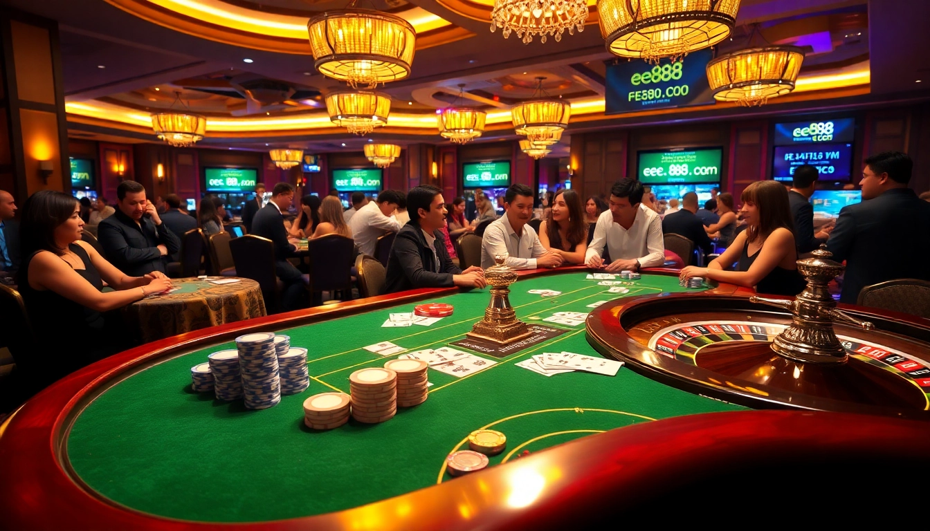 Engaging gaming experience at ee88 .com with vibrant casino visuals and excited players.