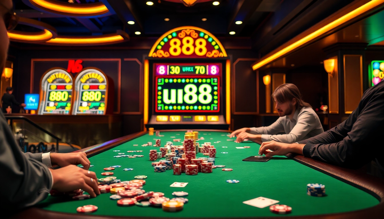 Experience high-stakes excitement at uu88's vibrant casino table with poker action.