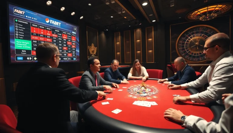 Experience high-stakes action at a FABET poker table in a luxurious casino setting.