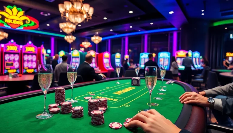 Engaging scene at NK88S casino with players at poker tables and vibrant slot machines.