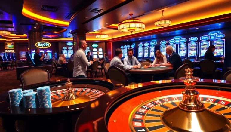 Experience the thrill of gambling at Bay789's luxurious casino environment with vibrant tables and exciting games.