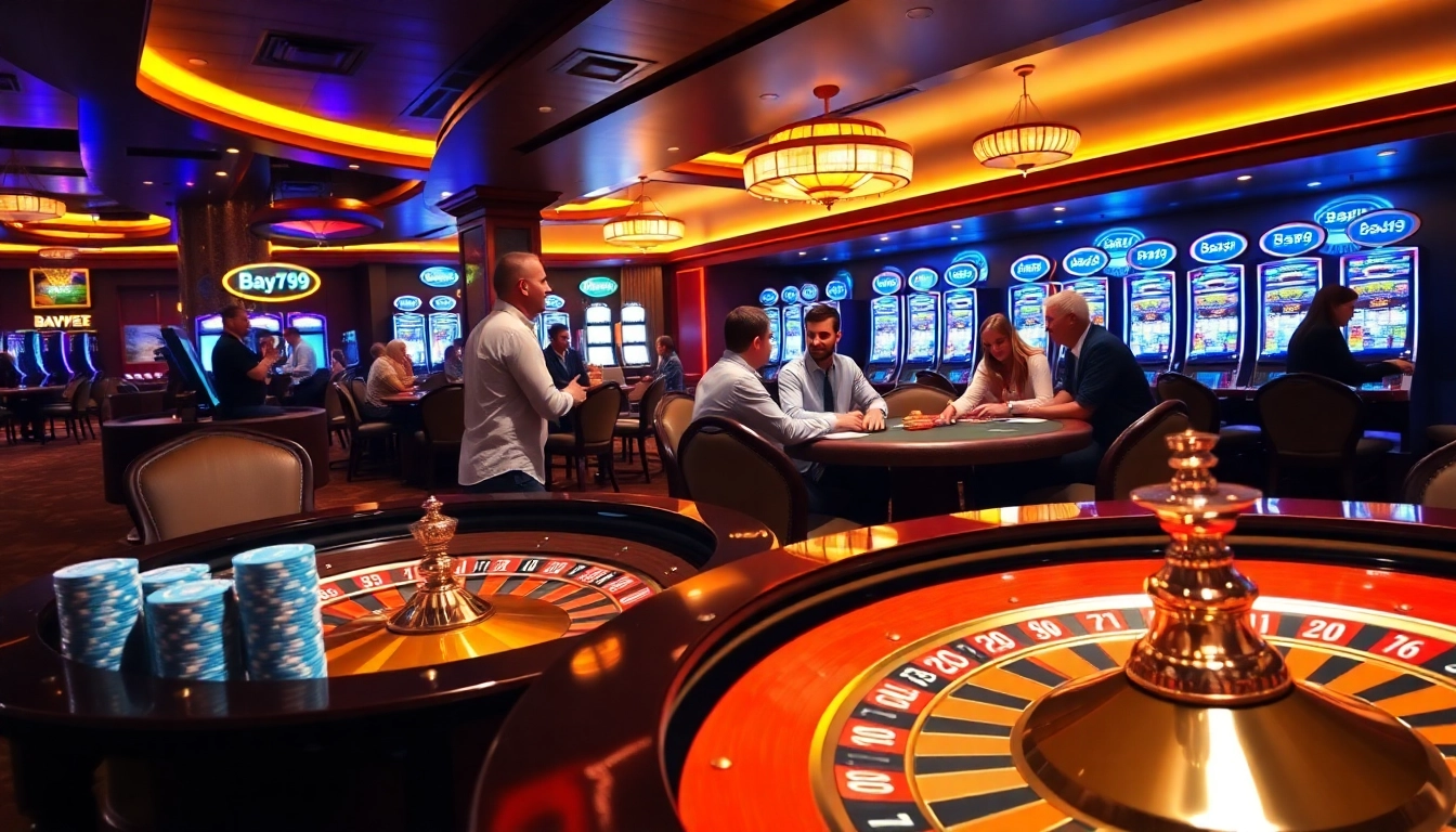 Experience the thrill of gambling at Bay789's luxurious casino environment with vibrant tables and exciting games.
