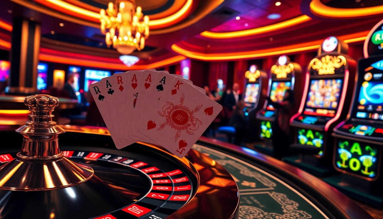 A luxurious casino scene highlighting an exciting roulette wheel, poker cards, and slot machines at https://www.vvjl11.com/.