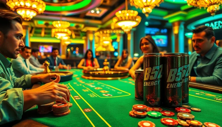 Engaged players enjoying a high-stakes poker game with B52 energy drinks at a luxurious casino.
