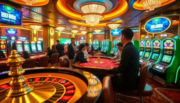 Experience thrilling gameplay at HU 88, featuring vibrant casino tables and engaging slot machines.