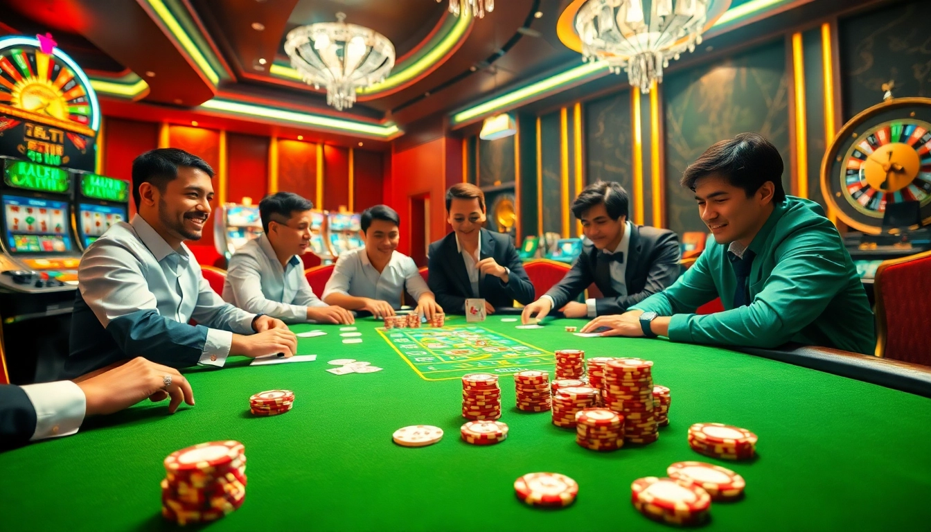 Players engaging in an exciting poker game at a casino table, showcasing the thrill of lo de uy tin.
