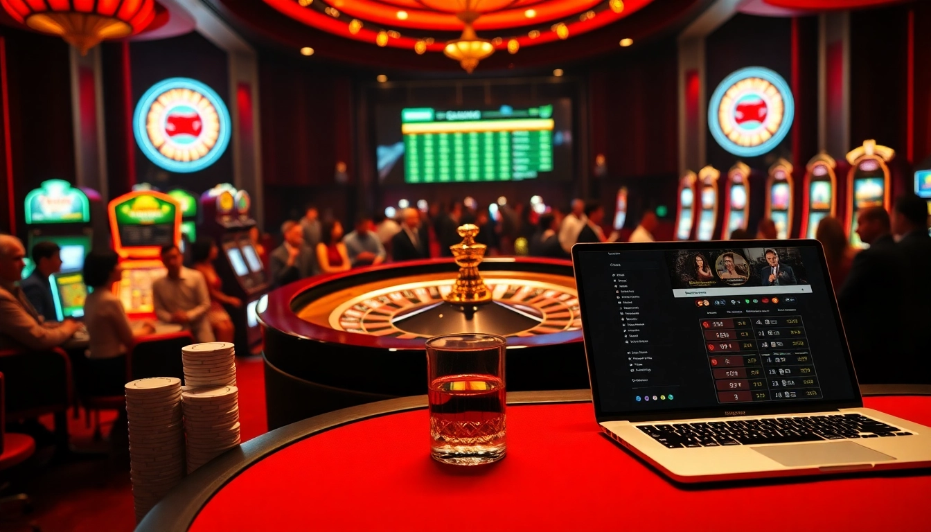 Kp88 casino players engaging at a roulette table with poker chips and slot machines.