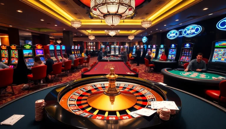 Players enjoying a thrilling experience at 888NEW casino tables with vibrant slot machines.