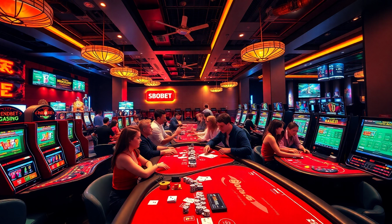 SBOBET.dance scene showing vibrant online gambling action with diverse players enjoying poker and live sports betting.