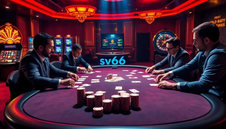 Experience the excitement of sv66 at a professional poker table with vibrant chips and lights.