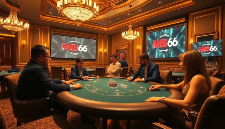 Experience excitement at MB66 as players engage in high-stakes poker amidst a luxurious casino atmosphere.