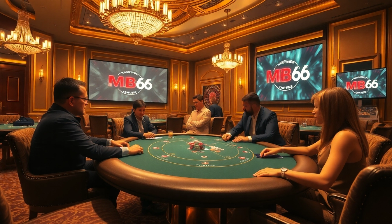 Experience excitement at MB66 as players engage in high-stakes poker amidst a luxurious casino atmosphere.