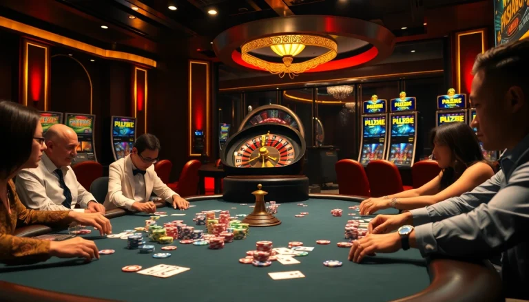 Experience the thrilling atmosphere of max88 with a high-stakes poker game and vibrant casino elements.