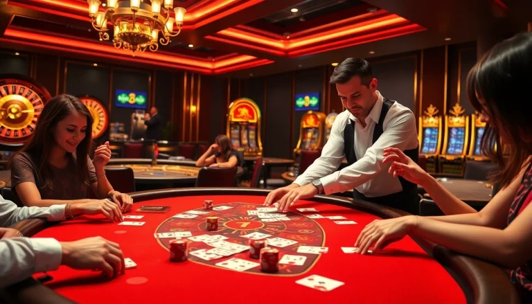 Players engaging in a thrilling game at the red88 casino table with exciting chips and cards.
