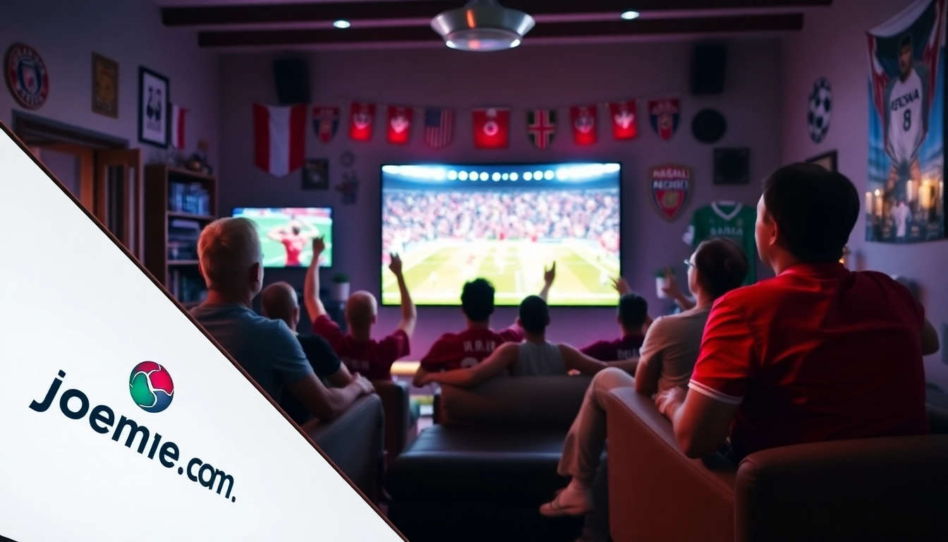 Engaged fans enjoying a live football match through joemadfan.com, showcasing community spirit.