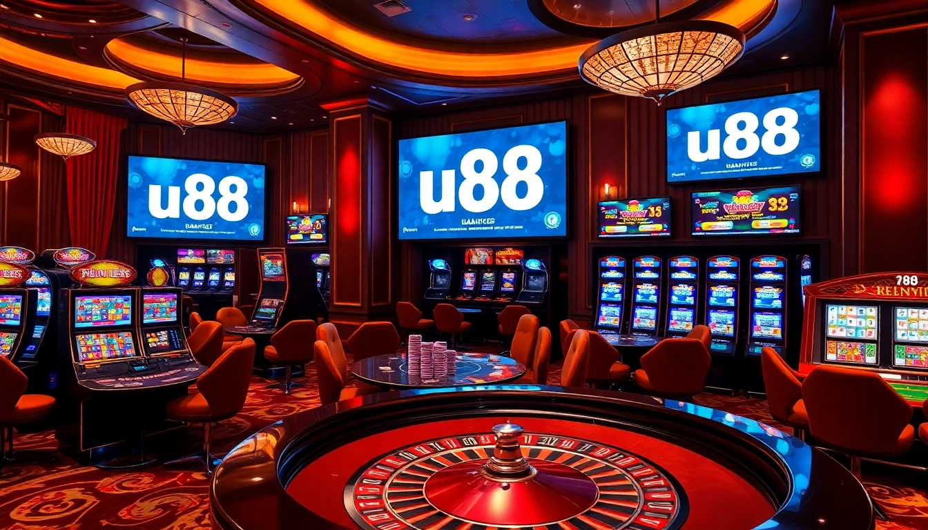 Experience thrilling gaming at U88 casino with vibrant slot machines and poker tables.