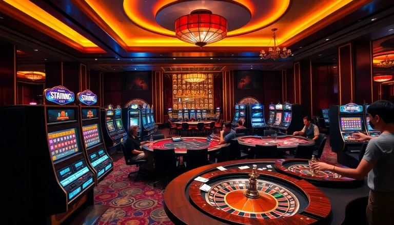 Players enjoying casino games at tr88vip.co.com with modern slot machines and poker tables.
