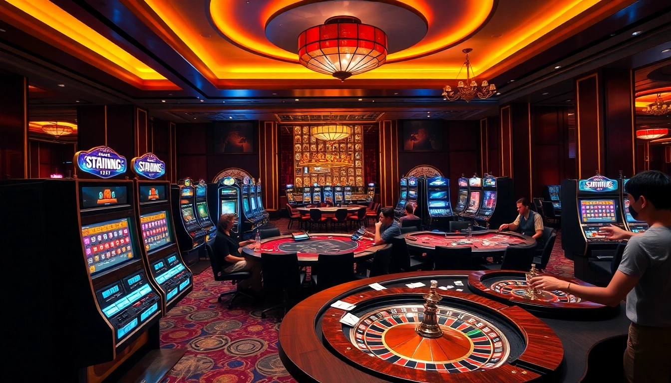 Players enjoying casino games at tr88vip.co.com with modern slot machines and poker tables.