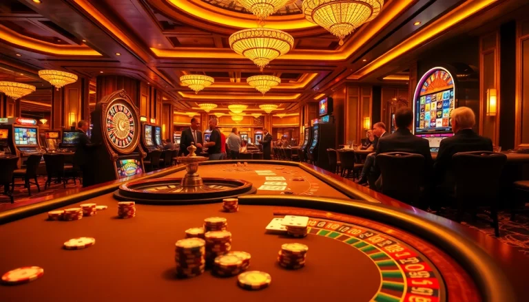 Players engaging at a vibrant casino scene showcasing excitement at https://2haywin.art/ with roulette and poker elements.
