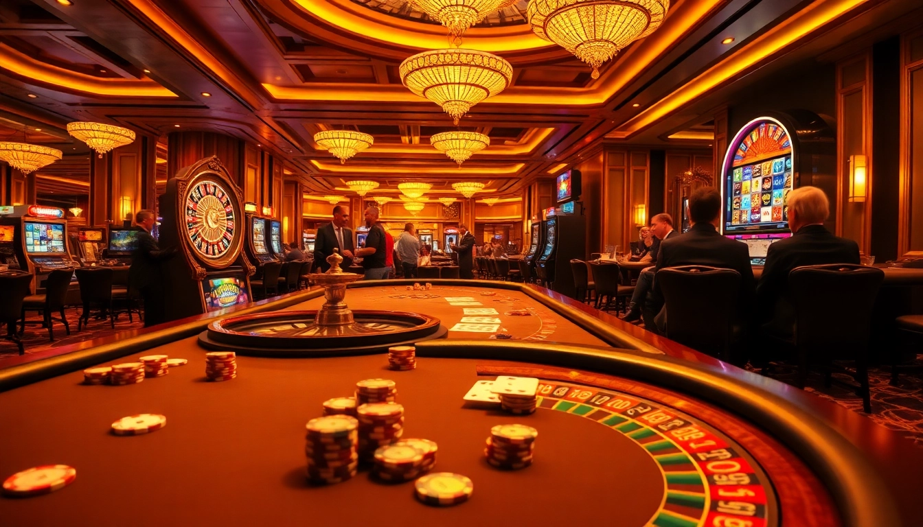 Players engaging at a vibrant casino scene showcasing excitement at https://2haywin.art/ with roulette and poker elements.