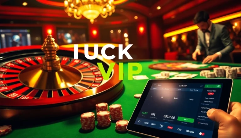 LUCK8 VIP casino scene with poker chips, roulette wheel, and vibrant betting interface