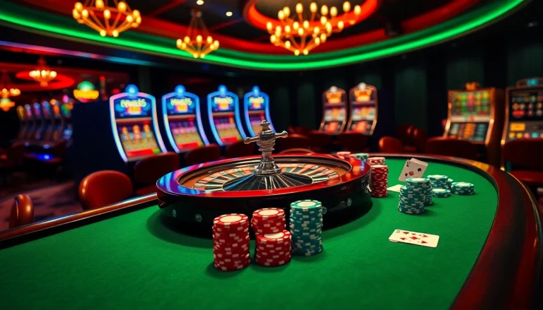 Spin the roulette at https://febet4.art/ in a vibrant casino scene filled with chips and cards.