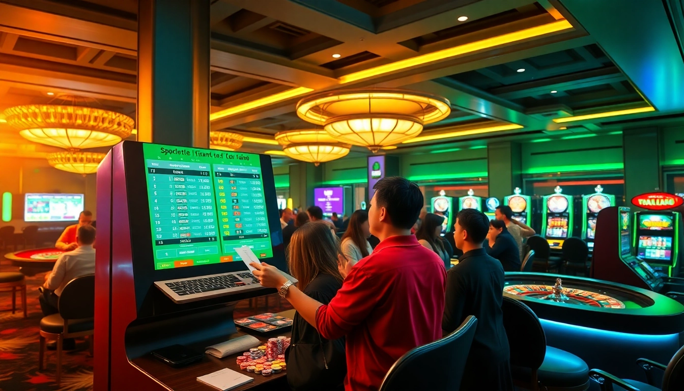 Betting enthusiasts engaging with tỷ lệ kèo at a vibrant casino setting with poker and roulette.