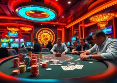 Play at OKFUN casino with vibrant poker tables, thrilling roulette, and colorful chips in a luxurious setting.