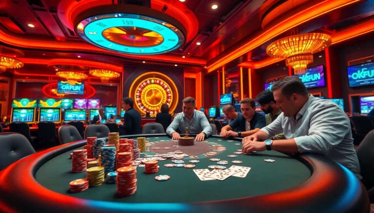 Play at OKFUN casino with vibrant poker tables, thrilling roulette, and colorful chips in a luxurious setting.