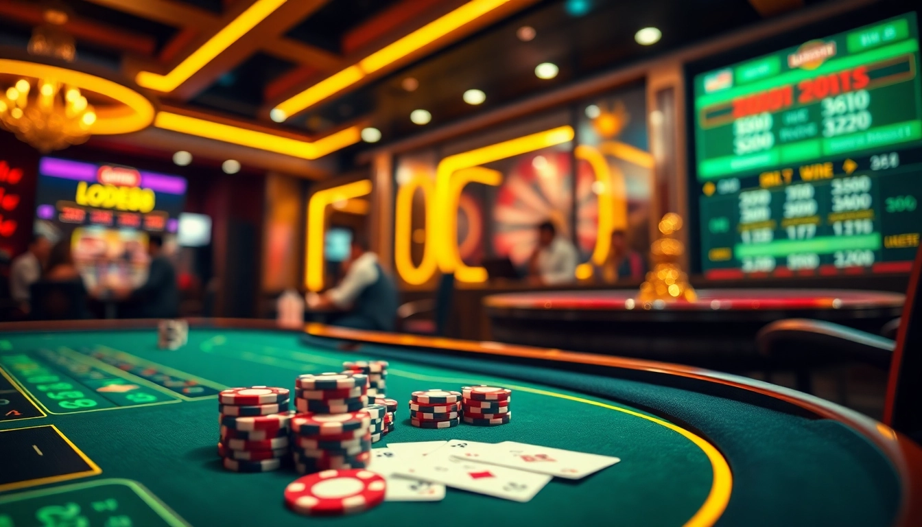 Experience high-stakes betting at lode88 with a dynamic online casino atmosphere filled with poker chips and cards.
