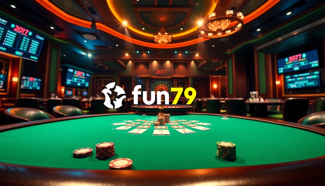 fun79 players engaging at a luxurious poker table surrounded by vibrant betting action.